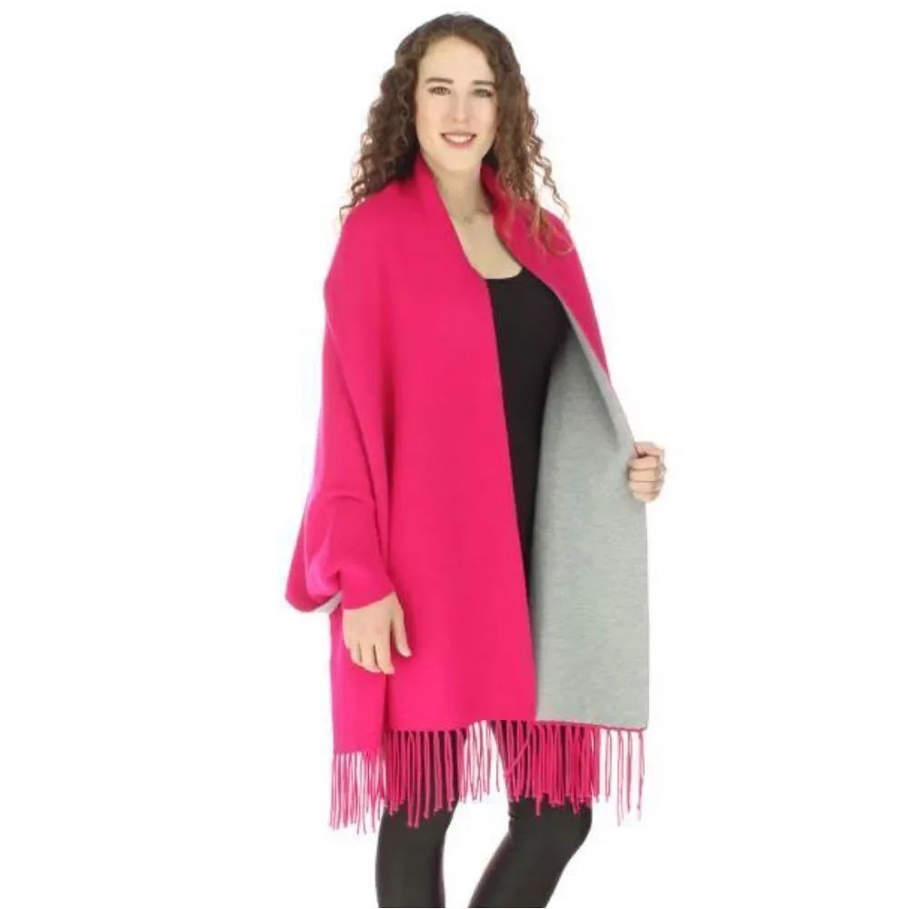 🔸️NWT Hot Pink & Gray Fringe Lined Sweater Shawl Scarf One Size